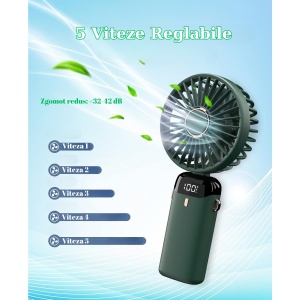 Ventilator Ultra Portabil cu Aromaterapie, Flippy, 3 in 1, de Mana, de Birou, de Gat, 5 Trepte de Viteza, Incarcare USB, Autonomie 12h, Pliabil, cu Ecran LCD, Verde - Img 2