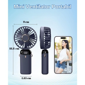 Ventilator Ultra Portabil cu Aromaterapie, Flippy, 3 in 1, de Mana, de Birou, de Gat, 5 Trepte de Viteza, Incarcare USB, Autonomie 12h, Pliabil, cu Ecran LCD, Albastru - Img 4