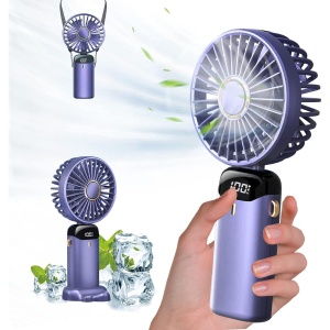 Ventilator Ultra Portabil cu Aromaterapie, Flippy, 3 in 1, de Mana, de Birou, de Gat, 5 Trepte de Viteza, Incarcare USB, Autonomie 12h, Pliabil, cu Ecran LCD, Mov - Img 4
