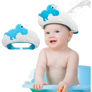 Viziera de Protectie Baie Pentru Copii, Fippy, Model Dinozaur, Dimensiune ajustabila, Durabil, Usor de curatat, Impotriva Samponului, pentru Ochi si Urechi, TPE+PP, 22x21 cm, Albastru - Img 4