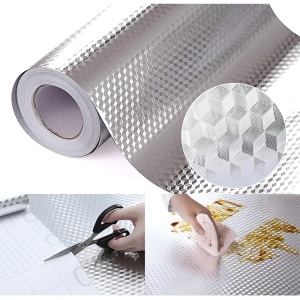 Autocolant pentru Bucătărie, Flippy, Tip Folie de Aluminiu, Rezistent la Ulei, Umezeală, Temperaturi Inalte, pentru Dulapuri, Perete, Blat, Argintiu, 60cm x 1m - Img 4