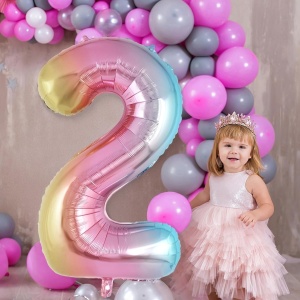 Balon din Folie Metalizata Flippy, Figurina Cifra Gradient, Tema Aniversare 40 cm, Ambalaj Individual, Pai inclus, Umflare cu Aer sau Heliu, Multicolor, Cifra 2 - Img 4
