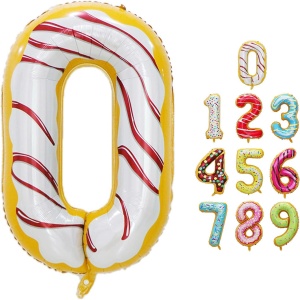 Balon din Folie Metalizata Flippy, Figurina Cifra, Imprimeu Gogosi, Tema Aniversare 100 cm, Ambalaj Individual, Pai inclus, Umflare cu Aer sau Heliu, Multicolor, Cifra 0 - Img 11