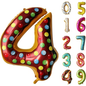 Balon din Folie Metalizata Flippy, Figurina Cifra, Imprimeu Gogosi, Tema Aniversare 100 cm, Ambalaj Individual, Pai inclus, Umflare cu Aer sau Heliu, Multicolor, Cifra 4 - Img 11
