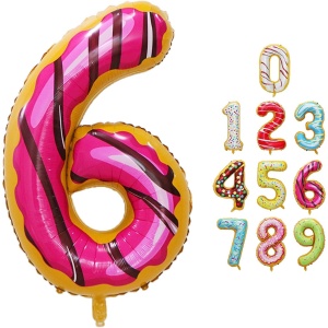 Balon din Folie Metalizata Flippy, Figurina Cifra, Imprimeu Gogosi, Tema Aniversare 100 cm, Ambalaj Individual, Pai inclus, Umflare cu Aer sau Heliu, Multicolor, Cifra 6 - Img 11