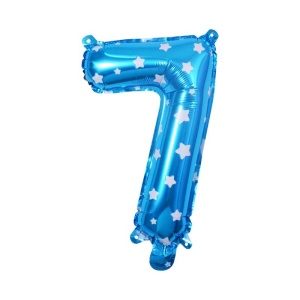 Balon din Folie Metalizata Flippy, Figurina Cifra, Imprimeu Stele, Tema Aniversare 80 cm, Ambalaj Individual, Pai inclus, Umflare cu Aer sau Heliu, Albastru, Cifra 7 - Img 2