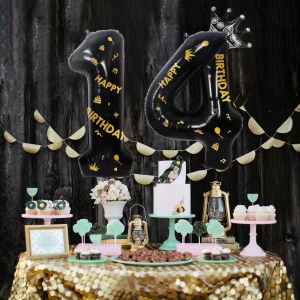 Balon din Folie Metalizata Flippy, Figurina Cifra, Scris Happy Birthday, Tema Aniversare 100 cm, Ambalaj Individual, Pai inclus, Umflare cu Aer sau Heliu, Negru, Cifra 4 - Img 3