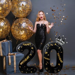 Balon din Folie Metalizata Flippy, Figurina Cifra si Coroana, Scris Happy Birthday, Tema Aniversare 100 cm, Ambalaj Individual, Pai inclus, Umflare cu Aer sau Heliu, Negru, Cifra 2 - Img 4