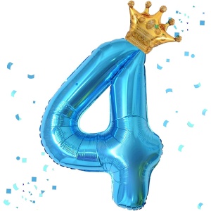 Balon din Folie Metalizata Flippy, Figurina Cifra si Coroana, Tema Aniversare 100 cm, Ambalaj Individual, Pai inclus, Umflare cu Aer sau Heliu, Albastru, Cifra 4 - Img 2