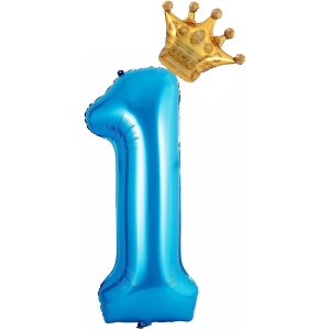 Balon din Folie Metalizata Flippy, Figurina Cifra si Coroana, Tema Aniversare 100 cm, Ambalaj Individual, Pai inclus, Umflare cu Aer sau Heliu, Albastru, Cifra 1 - Img 1