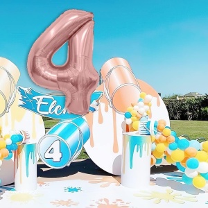 Balon din Folie Metalizata Flippy, Figurina Cifra, Tema Aniversare 100 cm, Ambalaj Individual, Pai inclus, Umflare cu Aer sau Heliu, Coral, Rose, Cifra 4 - Img 5