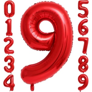 Balon din Folie Metalizata Flippy, Figurina Cifra, Tema Aniversare 100 cm, Ambalaj Individual, Pai inclus, Umflare cu Aer sau Heliu, Rosu, Cifra 9 - Img 4
