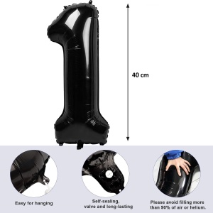 Balon din Folie Metalizata Flippy, Figurina Cifra, Tema Aniversare 40 cm, Ambalaj Individual, Pai inclus, Umflare cu Aer sau Heliu, Negru, Cifra 1 - Img 8