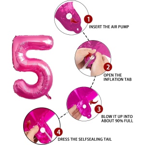 Balon din Folie Metalizata Flippy, Figurina Cifra, Tema Aniversare 40 cm, Ambalaj Individual, Pai inclus, Umflare cu Aer sau Heliu, Roz, Cifra 5 - Img 5