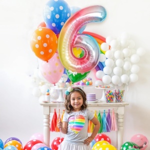 Balon din Folie Metalizata Flippy, Figurina Cifra, Tema Aniversare 40 cm, Ambalaj Individual, Pai inclus, Umflare cu Aer sau Heliu, Multicolor, Cifra 6 - Img 3