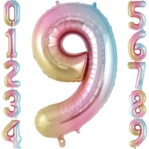 Balon din Folie Metalizata Flippy, Figurina Cifra, Tema Aniversare 40 cm, Ambalaj Individual, Pai inclus, Umflare cu Aer sau Heliu, Multicolor, Cifra 9 - Img 6