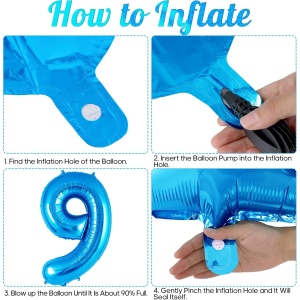Balon din Folie Metalizata Flippy, Figurina Cifra, Tema Aniversare 40 cm, Ambalaj Individual, Pai inclus, Umflare cu Aer sau Heliu, Albastru, Cifra 9 - Img 2