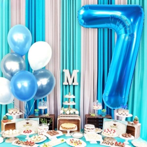 Balon din Folie Metalizata Flippy, Figurina Cifra, Tema Aniversare 40 cm, Ambalaj Individual, Pai inclus, Umflare cu Aer sau Heliu, Albastru, Cifra 7 - Img 2