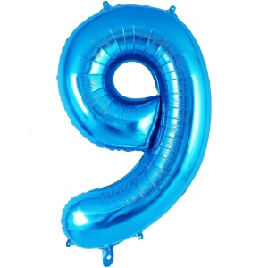 Balon din Folie Metalizata Flippy, Figurina Cifra, Tema Aniversare 40 cm, Ambalaj Individual, Pai inclus, Umflare cu Aer sau Heliu, Albastru, Cifra 9 - Img 1
