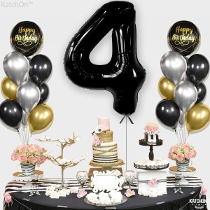 Balon din Folie Metalizata, Flippy, Figurina Cifra, Tema Aniversare 80 cm, Ambalaj Individual, Pai inclus, Umflare cu Aer sau Heliu, Negru, Cifra 4 - Img 6