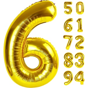 Balon din Folie Metalizata Flippy, Figurina Cifra, Tema Aniversare 80 cm, Ambalaj Individual, Pai inclus, Umflare cu Aer sau Heliu, Auriu, Cifra 6 - Img 7