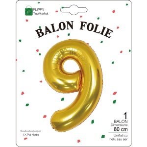 Balon din Folie Metalizata Flippy, Figurina Cifra, Tema Aniversare 80 cm, Ambalaj Individual, Pai inclus, Umflare cu Aer sau Heliu, Auriu, Cifra 9 - Img 2