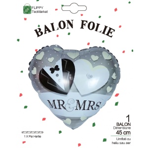 Balon din Folie Metalizata, Flippy, Figurina Inima, Model Mr&Mrs, Tema Nunta, 45 cm, Ambalaj Individual, Pai Inclus, Umflare cu Aer sau Heliu, Gri - Img 3