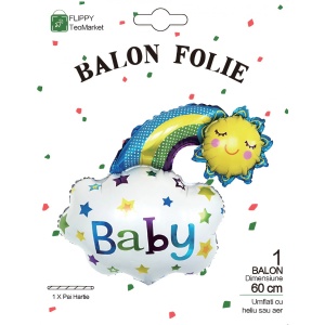 Balon din Folie Metalizata, Flippy, Figurina Soare si Nor, Tema Botez, 60x53 cm, Ambalaj Individual, Pai Inclus, Umflare cu Aer sau Heliu, Albastru - Img 4