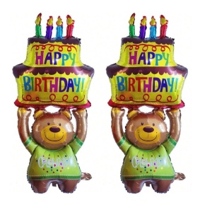 Balon din Folie Metalizata, Flippy, Figurine Animalute, Model Ursulet cu Tort Aniversar, 124x65 cm, Ambalaj Individual, Pai Inclus, Umflare cu Aer sau Heliu, Multicolor - Img 7