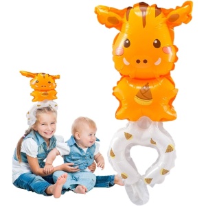 Balon din Folie Metalizata, Flippy, Figurine Animalute, Tip Bratara, Model Girafa, 13 x 35 cm, Ambalaj Individual, Pai Inclus, Umflare cu Aer sau Heliu, Maro - Img 3