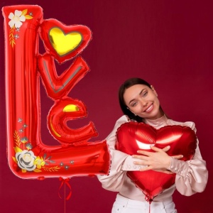 Balon din Folie Metalizata, Flippy, Figurine, Model LOVE, Tematica Iubire, 110x64 cm, Ambalaj Individual, Pai Inclus, Umflare cu Aer sau Heliu, Rosu - Img 3