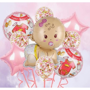 Balon din Folie Metalizata, Flippy, Mini Figurina, Model Bebelus Fetita, Tematica Gender Reveal, 45x25 cm, Ambalaj Individual, Pai Inclus, Umflare cu Aer sau Heliu, Multicolor - Img 6