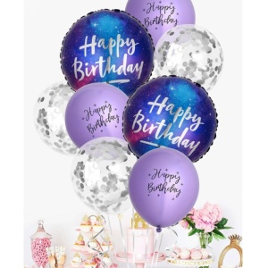 Balon din Folie Metalizata, Flippy, Mini Figurina Rotunda, Model Cer Instelat, Happy Birthday, Tematica Aniversare, 45 cm, Ambalaj Individual, Pai Inclus, Umflare cu Aer sau Heliu, Multicolor - Img 4