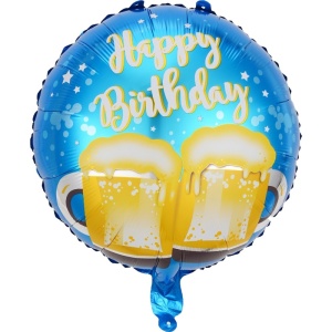 Balon din Folie Metalizata, Flippy, Mini Figurina Rotunda, Model Halbe de Bere, Happy Birthday, Tematica Aniversare, 45 cm, Ambalaj Individual, Pai Inclus, Umflare cu Aer sau Heliu, Albastru - Img 1