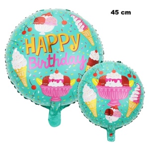 Balon din Folie Metalizata, Flippy, Mini Figurina Rotunda, Model Inghetata, Happy Birthday, Tematica Aniversare, 45 cm, Ambalaj Individual, Pai Inclus, Umflare cu Aer sau Heliu, Verde - Img 3