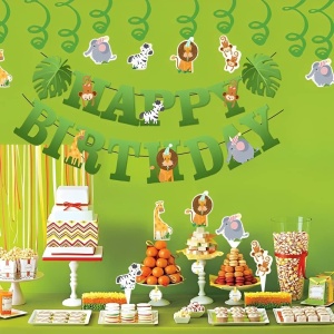 Banner Happy Birthday 100x200 cm, Flippy, Rola de Ata Inclusa, Tematica Jungle, Verde - Img 5