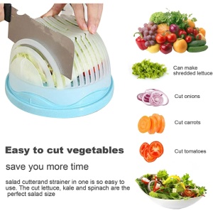 Bol Feliator pentru Salata, Flippy, Castron Multifunctional pentru Legume si Fructe, pentru Spalat si Taiat Legumele, cu Scurgere si Tocator, Ergonomic, Protectie pentru Maini, 21x18.5x11.5 cm, Albastru - Img 4
