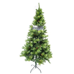 Brad artificial de Craciun, Decorat cu conuri de pin, pentru interior/exterior, inaltime 210 cm, diametru 114 cm, 1057 ramuri, Flippy, verde, suport metalic inclus