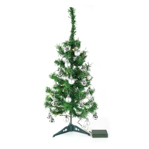 Brad Artificial Impodobit, 60 cm, suport plastic cu instalatie luminoasa 20 LED alb cald + 20 globuri argintii incluse, Flippy - Img 4