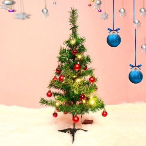 Brad Artificial Impodobit, 60 cm, suport plastic cu instalatie luminoasa 20 LED alb cald + 20 globuri rosii incluse, Flippy - Img 1