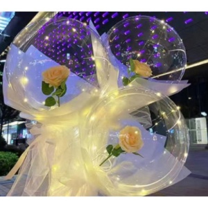 Buchet Decorativ, Flippy, Trandafir in Balon cu Lumini Led, Diametru 35 cm, 2 x Baterii AA (neincluse), Sampanie - Img 2