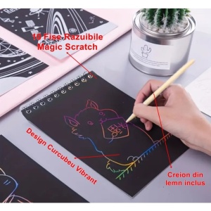 Caiet cu fise razuibile Flippy, DIY Magic Scratch, 12 File, Curcubeu, Creion din Lemn, Cartonase negre, 14 x 10 cm, galben - Img 3