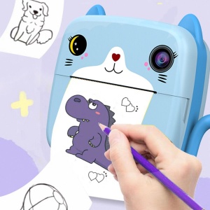 Camera Instantanee pentru Copii, Flippy, cu Functie de Printare, Camera Frontala + Selfie, Cablu USB-C, Bluetooth, Compatibil iOS/Android, Imprimare APP, Model Pisica, Albastru - Img 3