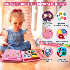 Carte Senzoriala Educativa Montessori 7in1, Flippy, 26 de Activitati, Dezvoltare Abilitati Motorii, 4 Pagini, Model Dinozauri, 28x22x7 cm, Roz - Img 2