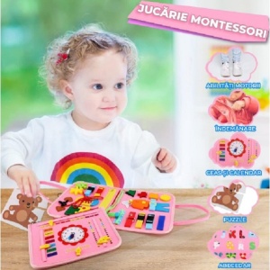 Carte Senzoriala Educativa Montessori, Flippy, Dezvoltare Abilitati Motorii, 3 Pagini, Model Sirena si Alfabet, 28x25x4 cm, Roz - Img 4