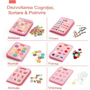 Carte Senzoriala Educativa Montessori, Flippy, Dezvoltare Abilitati Motorii, 5 Pagini, Model Unicorni, 28x22x7 cm, Roz - Img 2