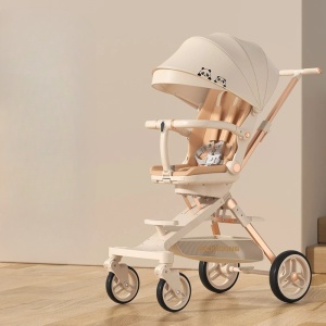 Carucior Sport Flippy 3in1, 6-36 Luni, Pliabil, Tavita pentru Masa, Pat de Dormit, Centura de Siguranta, Roti 360 Grade, Reversibil, Parasolar, Maner Reglabil, 64 x 35 x 100 cm, Panda, Crem - Img 2