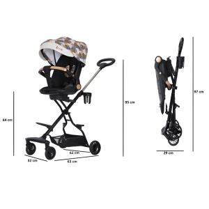 Carucior Sport Flippy 3in1, 6-36 Luni, Reversibil, Pliabil, Tavita pentru Masa, Pozitie de Somn, Centura de Siguranta, Roti 360, Suport Pahar, Copertina pentru Soare, 32x63x95cm, Maro Model Carouri - Img 7