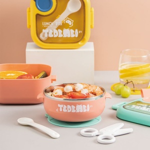 Caserola pentru copii Flippy, lunch box, 750 ml, doua boluri, lingura, foarfeca din plastic, rezistenta la scurgeri, Roz - Img 9