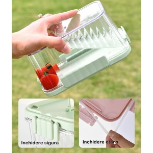 Caserola portabila pentru mancare fresh Flippy, 550 ml, furculita pentru fructe, 7 x 11.5 x 16 cm, capac detasabil pentru congelator, etans, spatiu pentru tacamuri, maner, material plastic, rezistent la temperaturi ridicate, transparent - Img 6